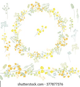Floral round garland and endless pattern brush made of yellow mimosa.  Flowers for romantic and easter design, decoration,  greeting cards, posters,  invitations, advertisement.