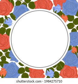 Floral round greeting card template in blue and orange rose flowers and leaves background.