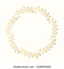 Floral round hand drawn golden botanical frame. Vector isolated design elements. Vine vintage gold wreath.