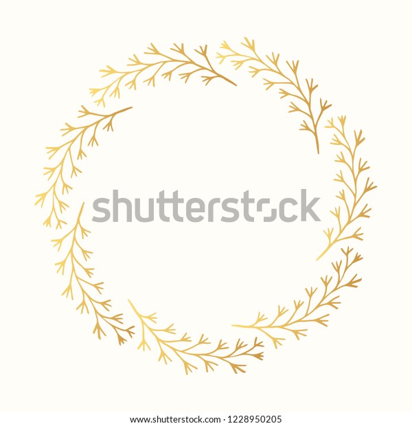 Floral round hand\
drawn golden botanical frame. Vector isolated design elements. Vine\
vintage gold wreath.