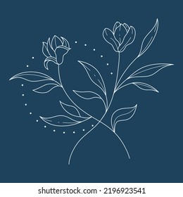 Floral and round hand drawn style. Floral navy frame of twigs, leaves and flowers. Frames for the Valentine's day, wedding decor, logo and identity template.