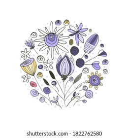 Floral round illustration with hand drawn flowers, leaves. Doodle kids drawing style. Cute artistic botanical composition, background for art print, wedding invitations, greeting cards.