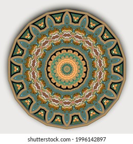 Floral round mandala pattern. Arabesque ornamental vector background. Elegant backdrop. Vintage ornaments. Colorful flowers, leaves, frames, borders, shapes, lines. Decorative ornate circle design. 