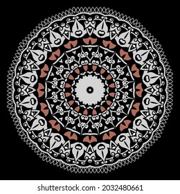 Patrón de mandala redonda floral. Fondo de vector ornamental árabe. Un telón de fondo elegante. Ornamentos de época. Flores coloridas, hojas, marco zigzag, borde, formas, líneas. Diseño de círculo decorativo.