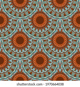 Floral round mandalas seamless pattern. Colorful flowers. Ornamental vector background. Repeat geometric decorative backdrop. Radial shapes, lines, circles. Tribal ethnic style tiled motley ornaments.