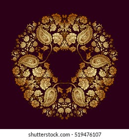 Floral round ornament consisting of elements Paisley on black background