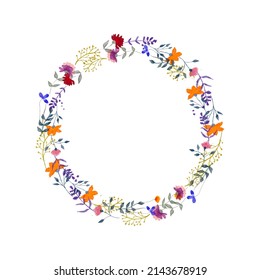 Floral round ornament with hand drawn traditional blooming flowers and plants. Beautiful  Ukrainian wreath