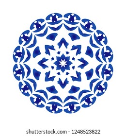 floral round pattern, Circular decorative ornament, blue and white Mandala, ceramic background design, porcelain pottery flower decor vector illustration