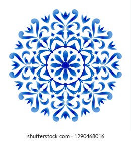 floral round pattern, Circular decorative ceramic ornament, blue and white Mandala, porcelain background design, pottery flower decor vector illustration