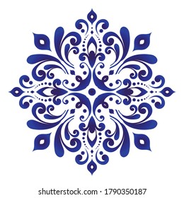 floral round pattern, Circular decorative ceramic ornament, blue and white Mandala, porcelain tamplate design kaleidoscope, yoga, India, Arabic, indigo background, pottery flower, vector illustration