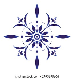 floral round pattern, Circular decorative ceramic ornament, blue and white Mandala, porcelain tamplate design kaleidoscope, yoga, India, Arabic, indigo background, pottery flower, vector illustration