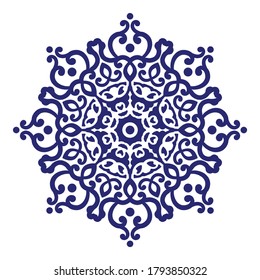 floral round pattern, Circular decorative ceramic ornament, blue and white Mandala, porcelain tamplate design kaleidoscope, yoga, India, Arabic, indigo background, pottery flower, vector illustration