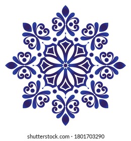 floral round pattern, Circular decorative ceramic ornament, blue and white Mandala, porcelain tamplate design kaleidoscope, yoga, India, Arabic, indigo background, pottery flower, vector illustration