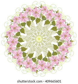 Floral round pattern for fabrics, textiles, wallpaper, paper. Vector. Clematis flowers.