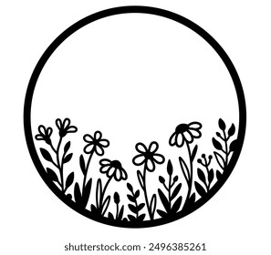 floral round pattern with flowers, daisy, chamomile, wildflowers, wild herbs and plants, branches with leaves, monogram and frame