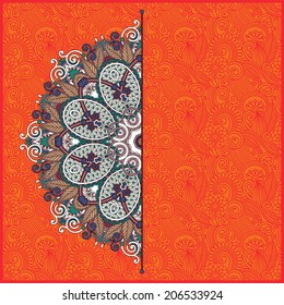 floral round pattern in ukrainian oriental ethnic style for your greeting card or invitation, template frame design for card, vintage lace doily, vector illustration