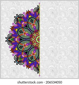 floral round pattern in ukrainian oriental ethnic style for your greeting card or invitation, template frame design for card, vintage lace doily, vector illustration