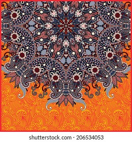 floral round pattern in ukrainian oriental ethnic style for your greeting card or invitation, template frame design for card, vintage lace doily, vector illustration