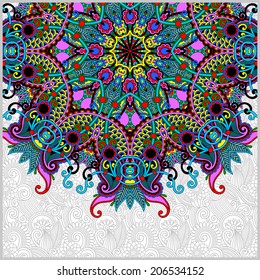 floral round pattern in ukrainian oriental ethnic style for your greeting card or invitation, template frame design for card, vintage lace doily, vector illustration