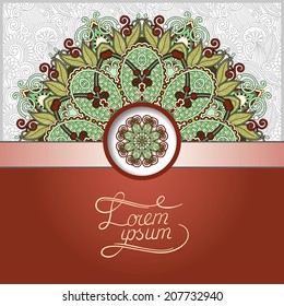 floral round pattern in Ukrainian oriental ethnic style for your greeting card or invitation, template frame design for card, vintage lace doily, vector illustration