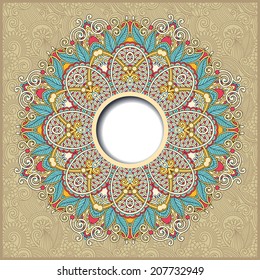 floral round pattern in Ukrainian oriental ethnic style for your greeting card or invitation, template frame design for card, vintage lace doily, vector illustration