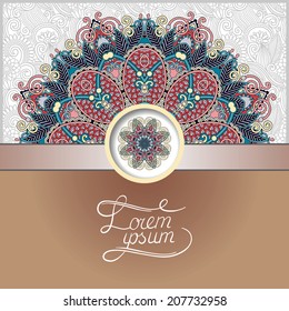 floral round pattern in ukrainian oriental ethnic style for your greeting card or invitation, template frame design for card, vintage lace doily, vector illustration