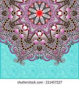 floral round pattern in ukrainian oriental ethnic style for your greeting card or invitation, template frame design for card, vintage lace doily, vector illustration