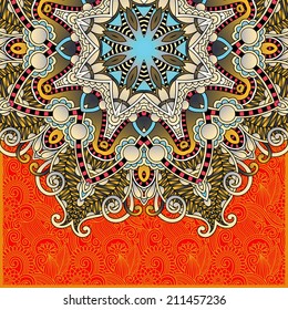 floral round pattern in ukrainian oriental ethnic style for your greeting card or invitation, template frame design for card, vintage lace doily, vector illustration