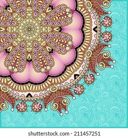 floral round pattern in ukrainian oriental ethnic style for your greeting card or invitation, template frame design for card, vintage lace doily, vector illustration