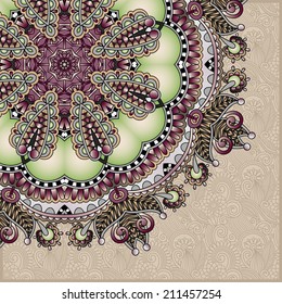 floral round pattern in ukrainian oriental ethnic style for your greeting card or invitation, template frame design for card, vintage lace doily, vector illustration