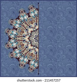 floral round pattern in ukrainian oriental ethnic style for your greeting card or invitation, template frame design for card, vintage lace doily, vector illustration
