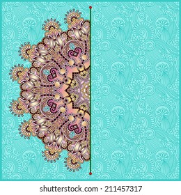 floral round pattern in ukrainian oriental ethnic style for your greeting card or invitation, template frame design for card, vintage lace doily, vector illustration