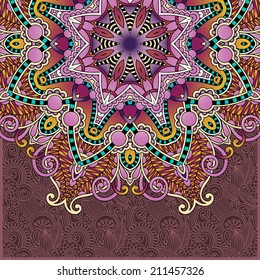 floral round pattern in ukrainian oriental ethnic style for your greeting card or invitation, template frame design for card, vintage lace doily, vector illustration
