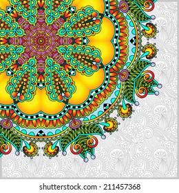 floral round pattern in ukrainian oriental ethnic style for your greeting card or invitation, template frame design for card, vintage lace doily, vector illustration