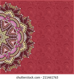 floral round pattern in ukrainian oriental ethnic style for your greeting card or invitation, template frame design for card, vintage lace doily, vector illustration