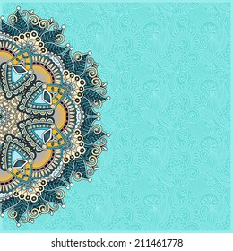 floral round pattern in ukrainian oriental ethnic style for your greeting card or invitation, template frame design for card, vintage lace doily, vector illustration
