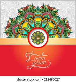 floral round pattern in ukrainian oriental ethnic style for your greeting card or invitation, template frame design for card, vintage lace doily, vector illustration