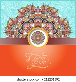 floral round pattern in Ukrainian oriental ethnic style for your greeting card or invitation, template frame design for card, vintage lace doily, vector illustration