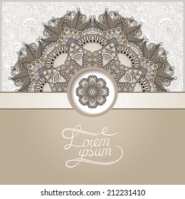 floral round pattern in Ukrainian oriental ethnic style for your greeting card or invitation, template frame design for card, vintage lace doily, vector illustration