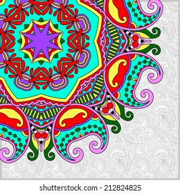 floral round pattern in ukrainian oriental ethnic style for your greeting card or invitation, template frame design for card, vintage lace doily, vector illustration