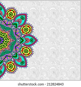 floral round pattern in ukrainian oriental ethnic style for your greeting card or invitation, template frame design for card, vintage lace doily, vector illustration