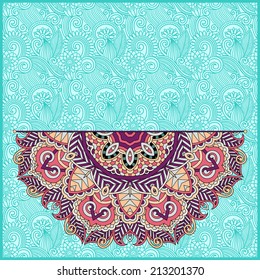 floral round pattern in ukrainian oriental ethnic style for your greeting card or invitation, template frame design for card, vintage lace doily, vector illustration