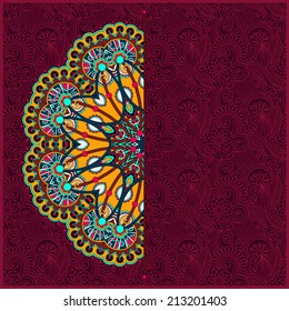 floral round pattern in ukrainian oriental ethnic style for your greeting card or invitation, template frame design for card, vintage lace doily, vector illustration