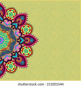 floral round pattern in ukrainian oriental ethnic style for your greeting card or invitation, template frame design for card, vintage lace doily, vector illustration