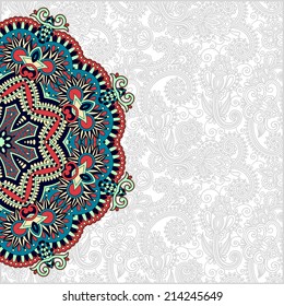 floral round pattern in ukrainian oriental ethnic style for your greeting card or invitation, template frame design for card, vintage lace doily, vector illustration