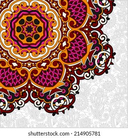 floral round pattern in ukrainian oriental ethnic style for your greeting card or invitation, template frame design for card, vintage lace doily, vector illustration