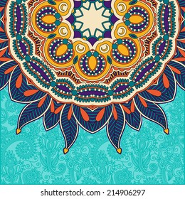 floral round pattern in ukrainian oriental ethnic style for your greeting card or invitation, template frame design for card, vintage lace doily, vector illustration