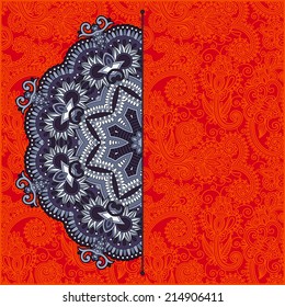 floral round pattern in ukrainian oriental ethnic style for your greeting card or invitation, template frame design for card, vintage lace doily, vector illustration