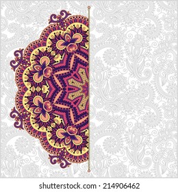 floral round pattern in ukrainian oriental ethnic style for your greeting card or invitation, template frame design for card, vintage lace doily, vector illustration