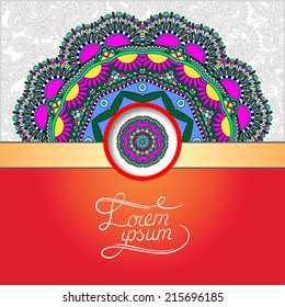 floral round pattern in ukrainian oriental ethnic style for your greeting card or invitation, template frame design for card, vintage lace doily, vector illustration